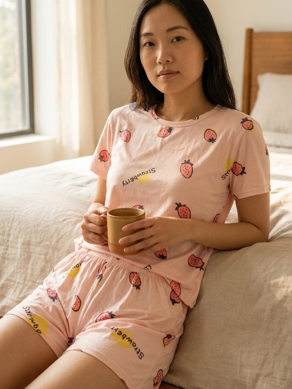 Women's Pink Strawberry Print Pajama Set